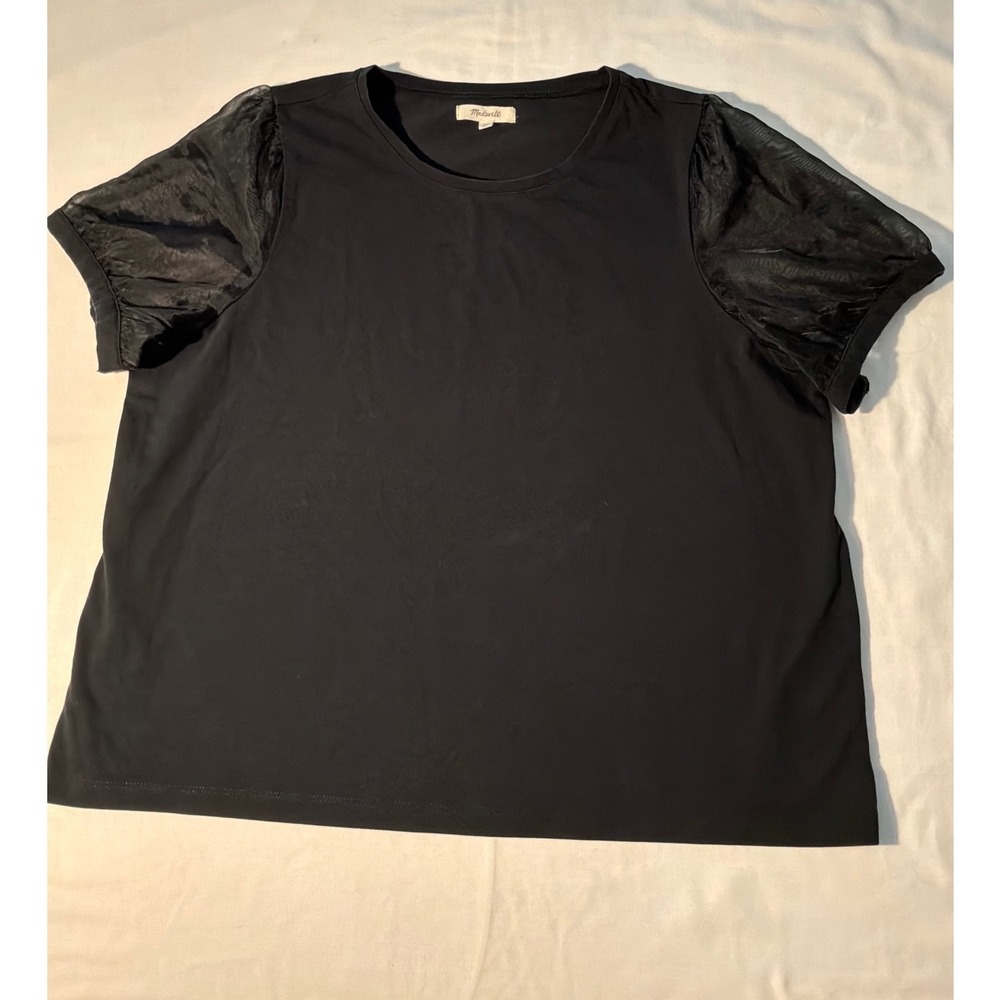 Madewell Womens XL Black Sheer Puff Sleeve Mixed Media Crew Neck Top Tee